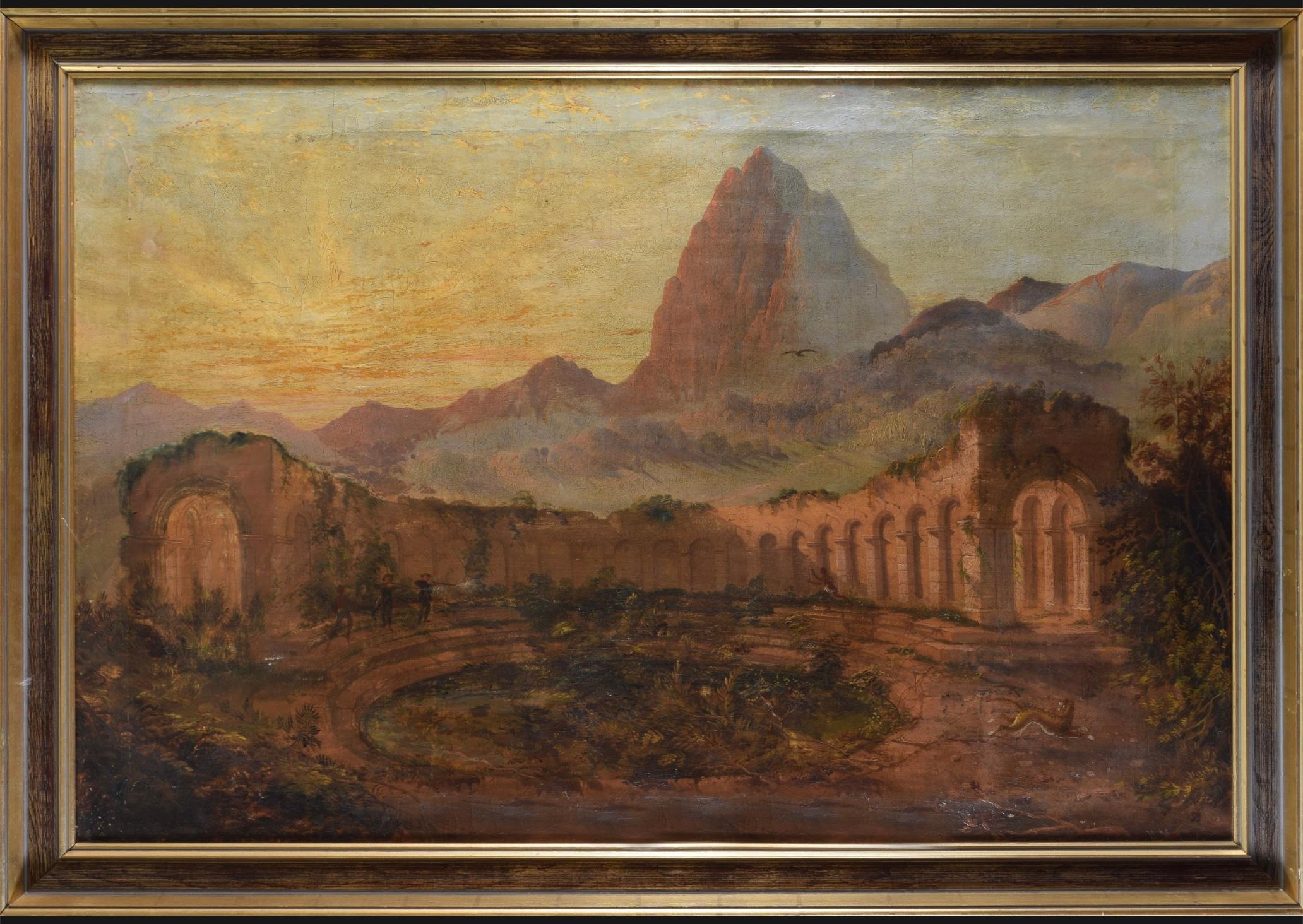 Continental School Landscape Painting - 19thC. Figures Hunting Classical Ruins Mountainous Sunset Landscape North Africa