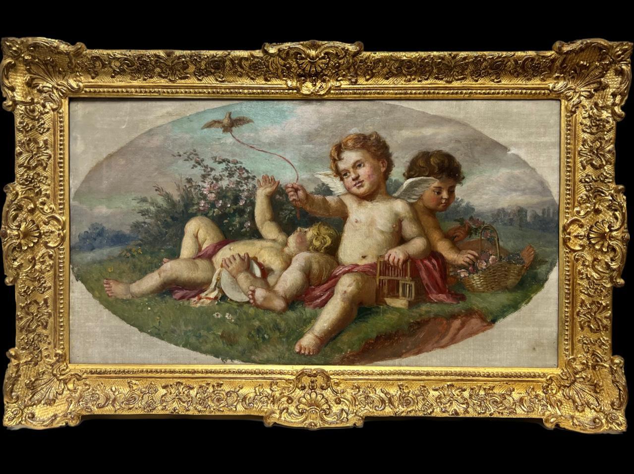 `19thC French/ Italian School Oil, Cherubs Playing in Landscape, Wild Flowers - Painting by Continental School
