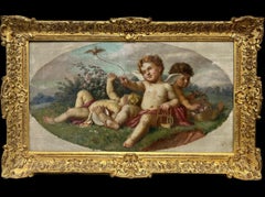 `19thC French/ Italian School Oil, Cherubs Playing in Landscape, Wild Flowers