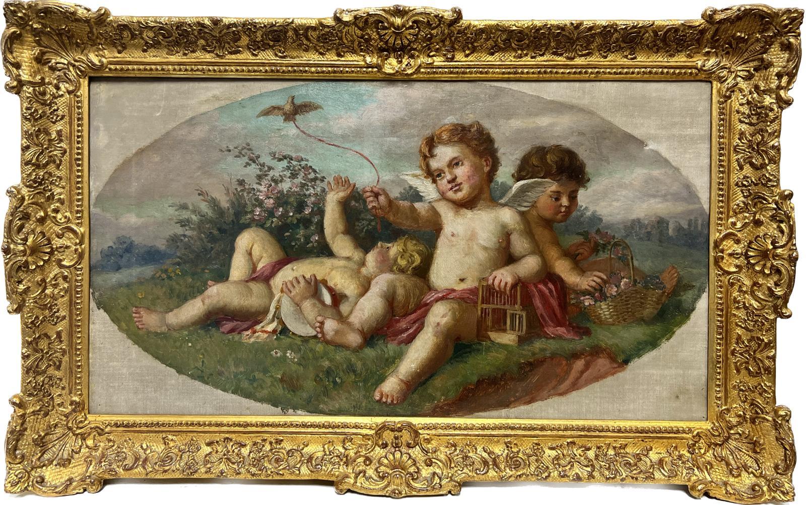 Continental School Figurative Painting - `19thC French/ Italian School Oil, Cherubs Playing in Landscape, Wild Flowers