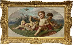 Antique `19thC French/ Italian School Oil, Cherubs Playing in Landscape, Wild Flowers