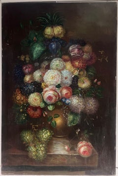 Abbondanza di fiori con uva e rose Natura morta grande pittura a olio