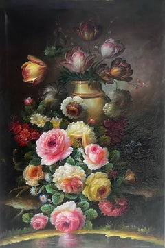Blushing Roses in a Golden Vase Still Life Large Scale Classical Oil Painting