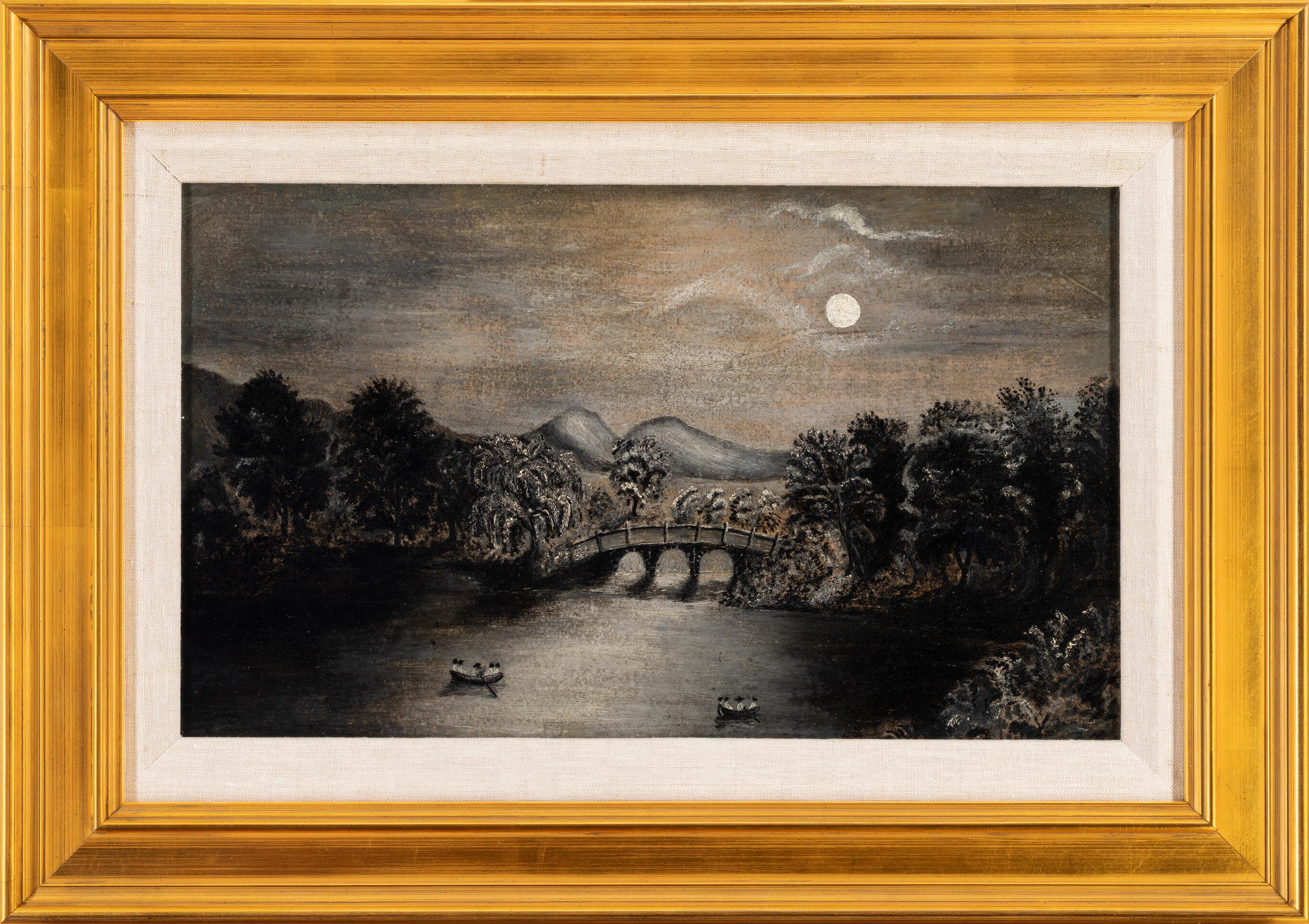 CONTINENTAL SCHOOL (19TH CENTURY EUROPEAN) – [MOONLIT RIVER]
⚜ Oil on Board ⚜ 19th Century Provenance ⚜ Gilt Wood Conservation Frame

ROMANTIC MOONLIT LANDSCAPE
This Continental School (circa 19th Century European) painting, Moonlit River, presents