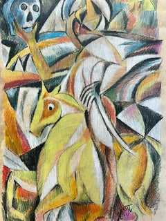 Cubist Figure on Horseback holding a Skull 20th Century Artwork 