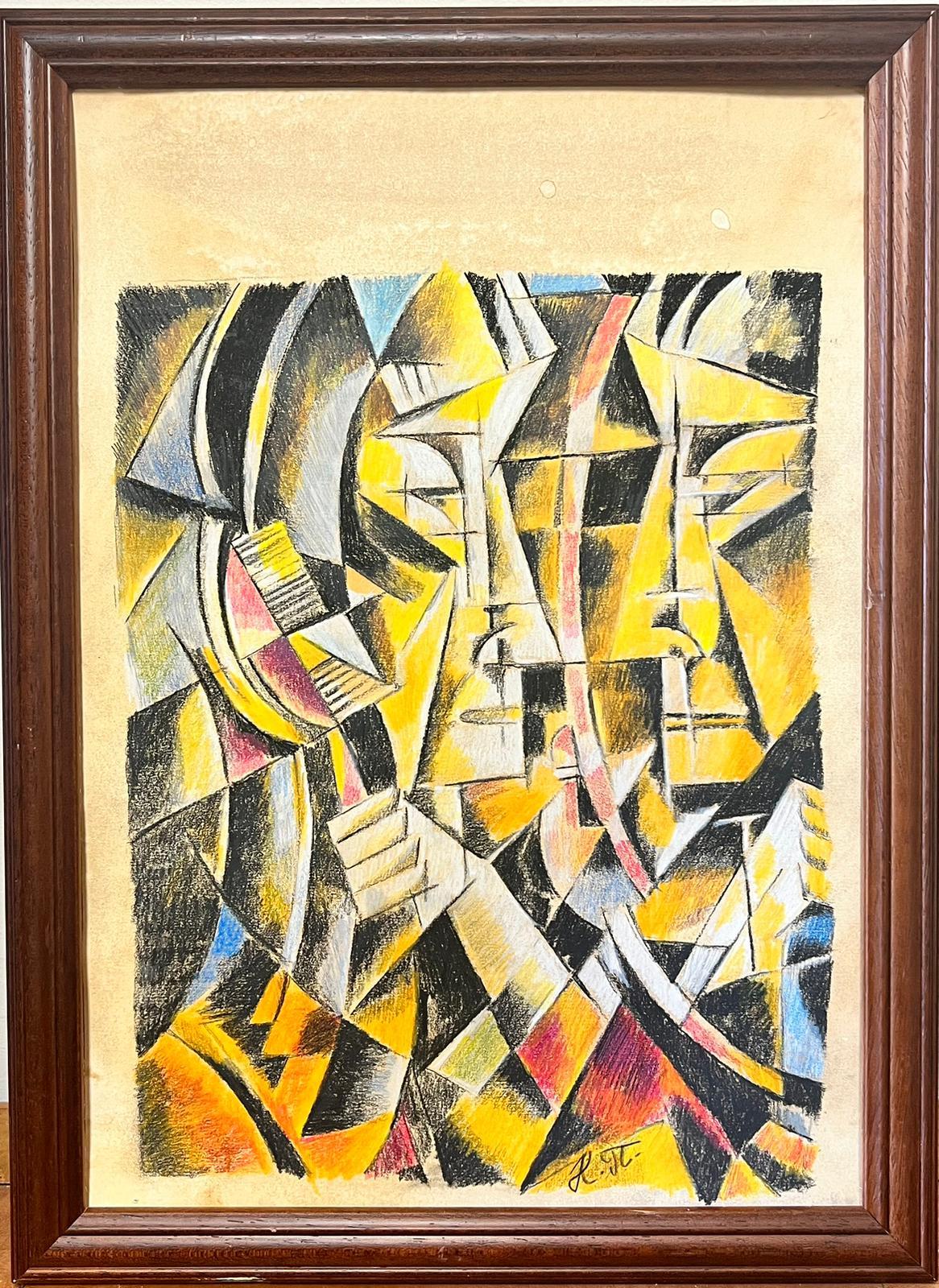 Cubist Portrait Figures Yellow Abstract Original painting  - Painting by Continental School