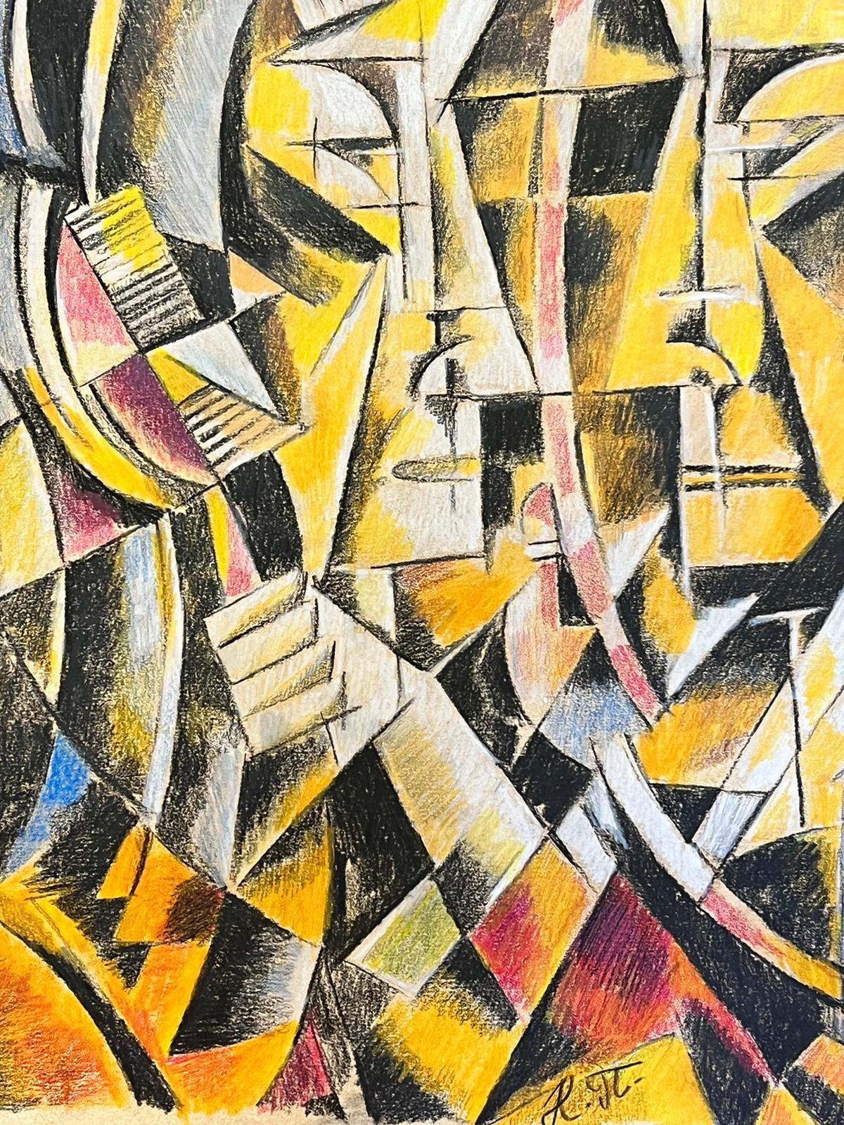 Continental School Abstract Painting – Kubistische Porträtfiguren Gelbes abstraktes Originalgemälde 