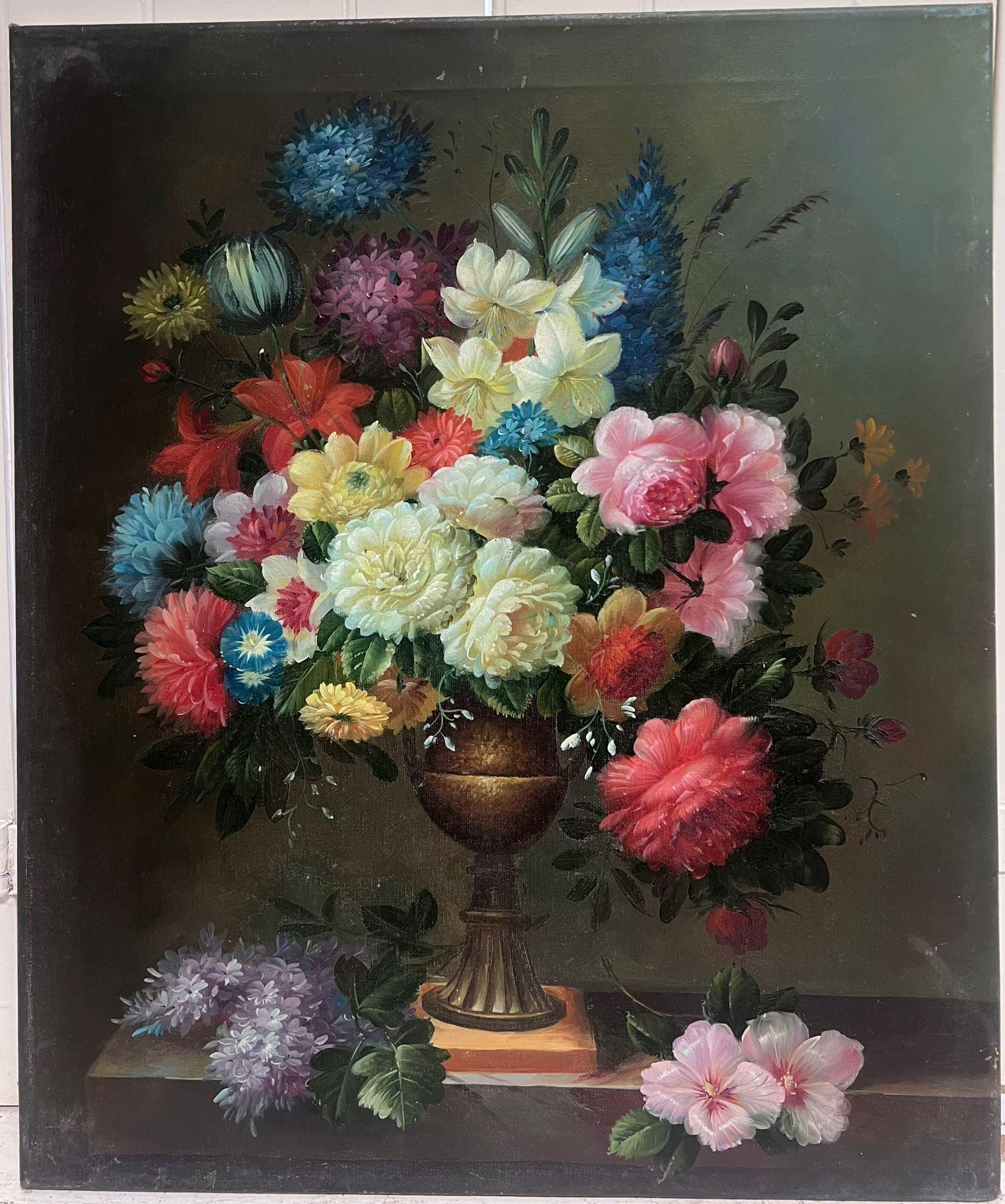 Elegant Vase Overflowing with Garden Flowers Classical Still Life Oil Painting - Black Figurative Painting by Continental School