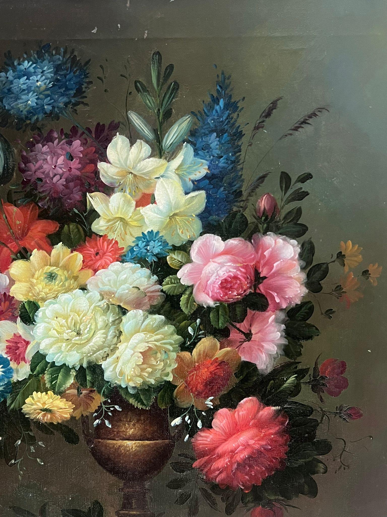 Elegant Vase Overflowing with Garden Flowers Classical Still Life Oil Painting For Sale 1