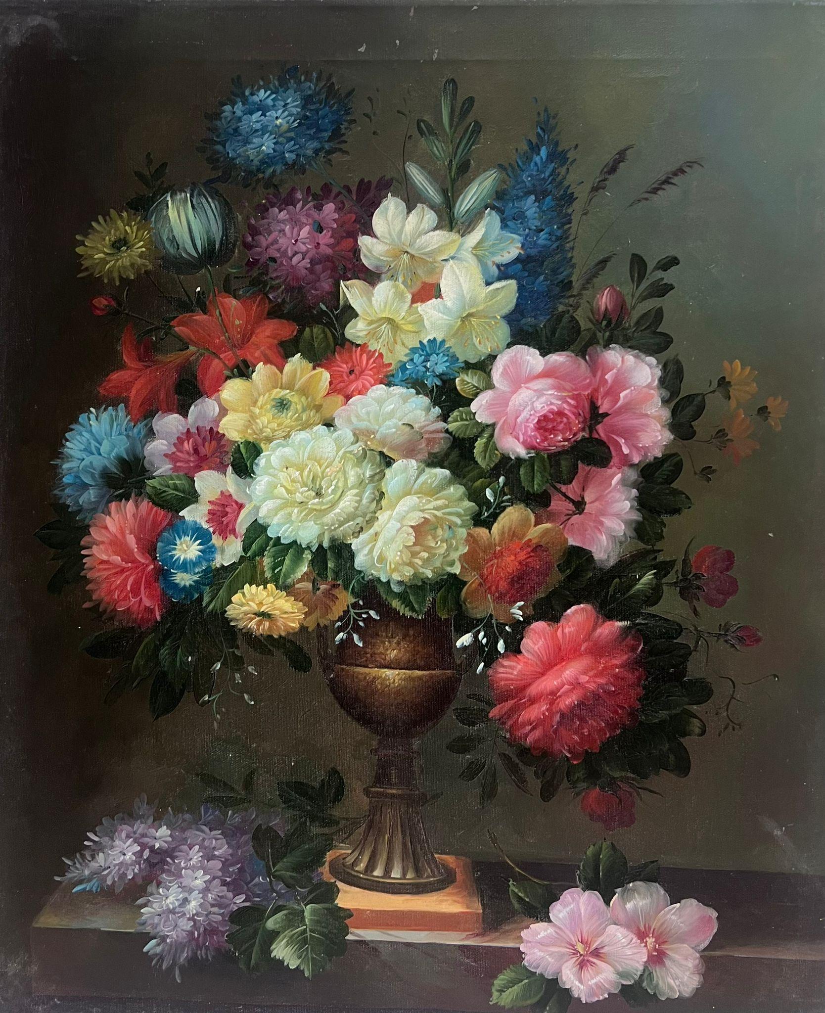 Continental School Figurative Painting - Elegant Vase Overflowing with Garden Flowers Classical Still Life Oil Painting