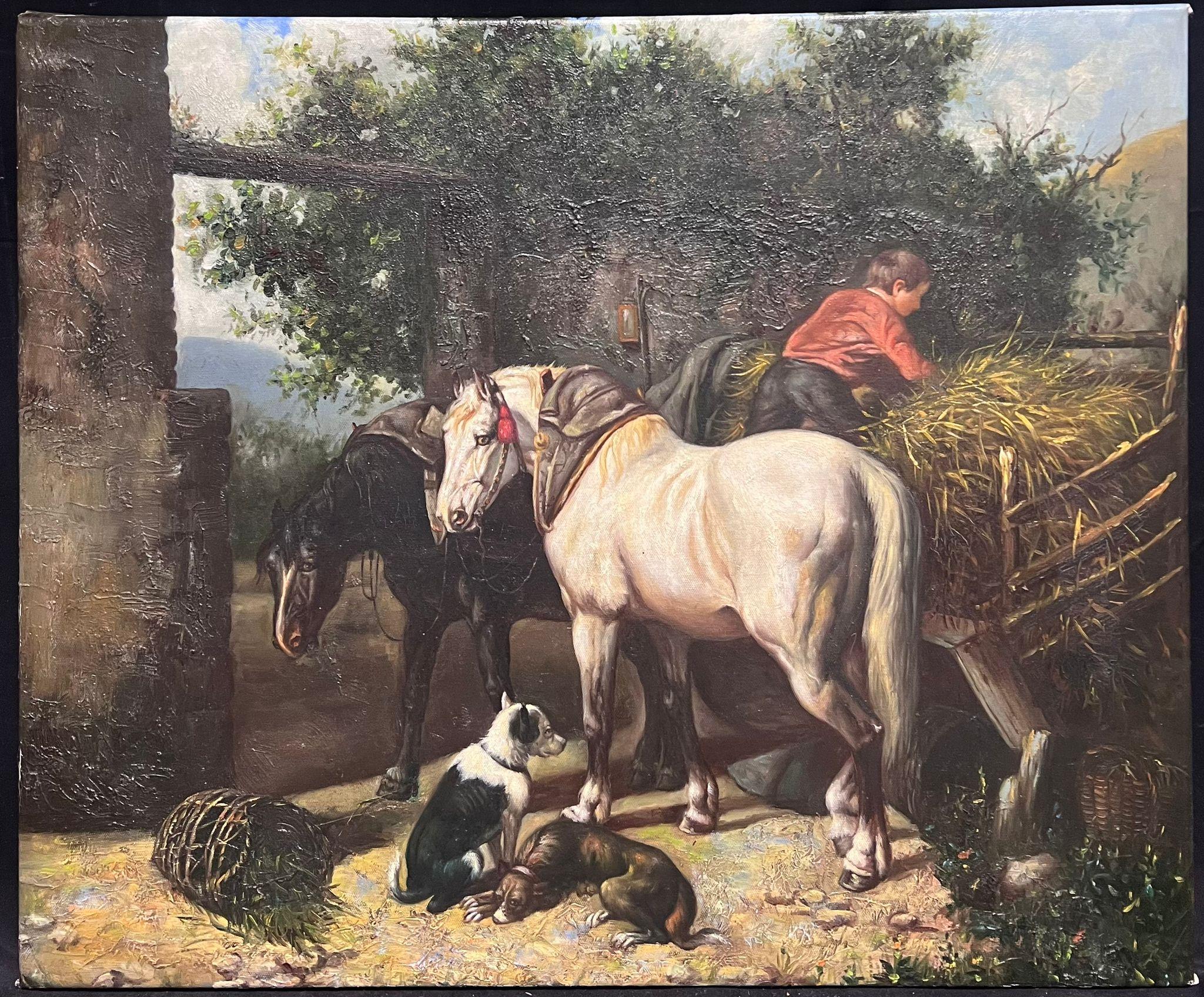 Animales de granja Caballo y perros con niño Pintura al óleo grande sobre lienzo - Painting de Continental School