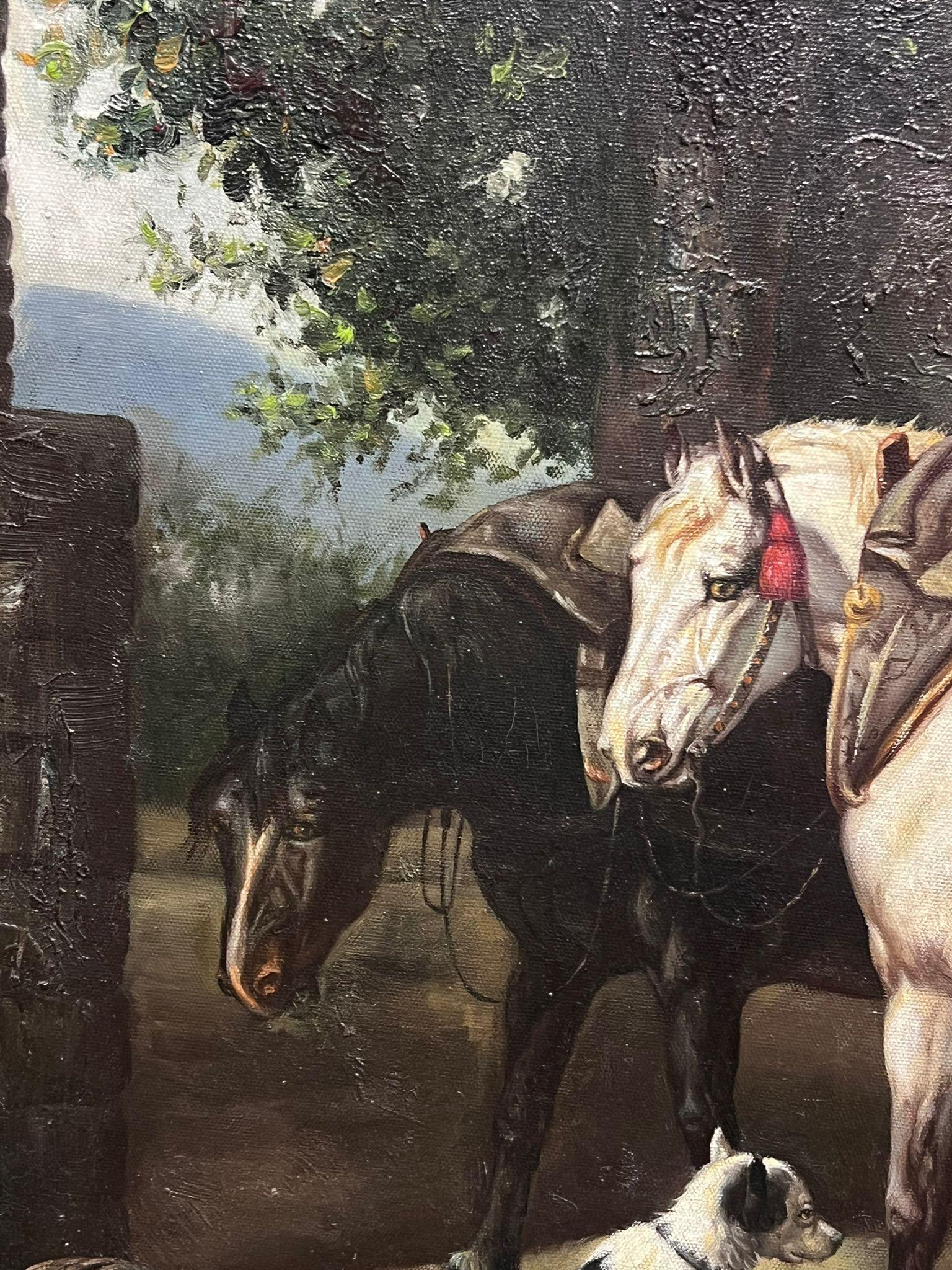 Animales de granja Caballo y perros con niño Pintura al óleo grande sobre lienzo - Painting Escuela inglesa de Continental School