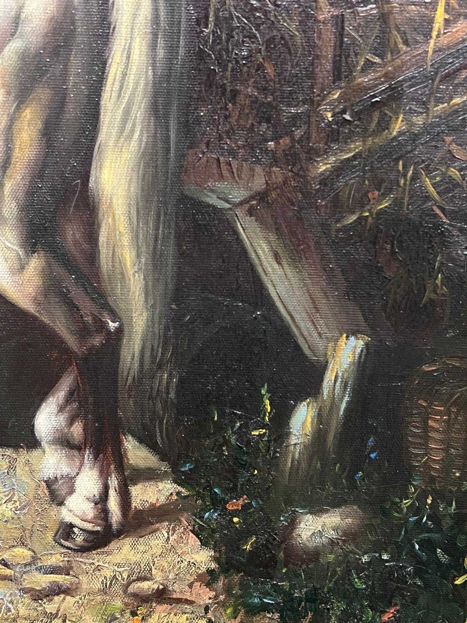 Animales de granja Caballo y perros con niño Pintura al óleo grande sobre lienzo - Animal Painting Gris de Continental School