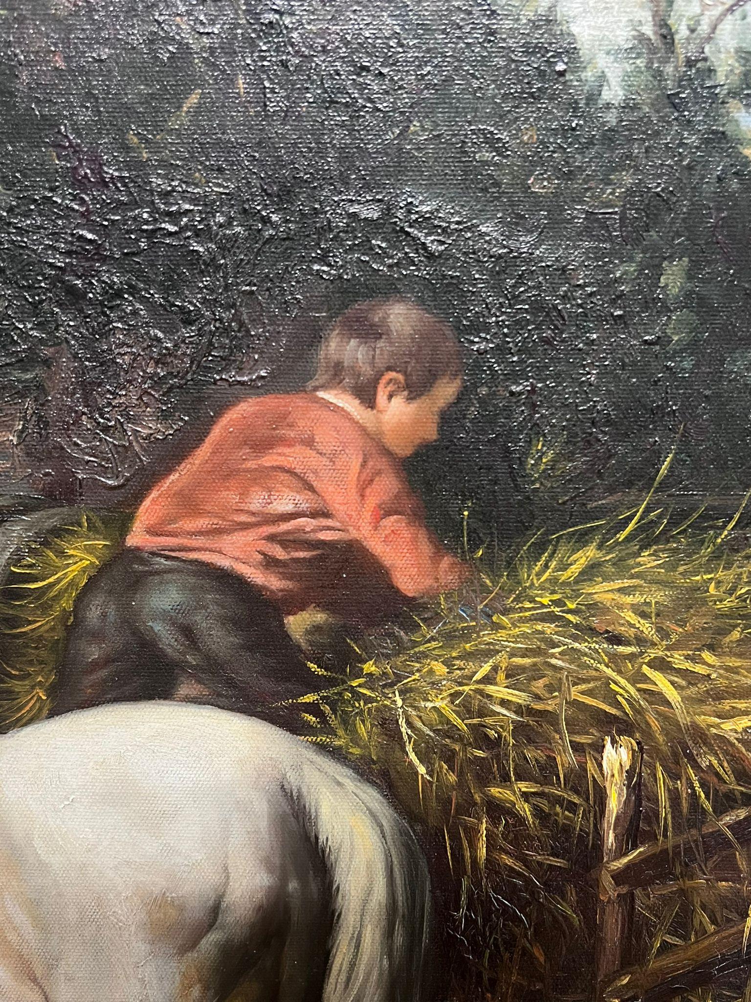 Animales de granja Caballo y perros con niño Pintura al óleo grande sobre lienzo en venta 1