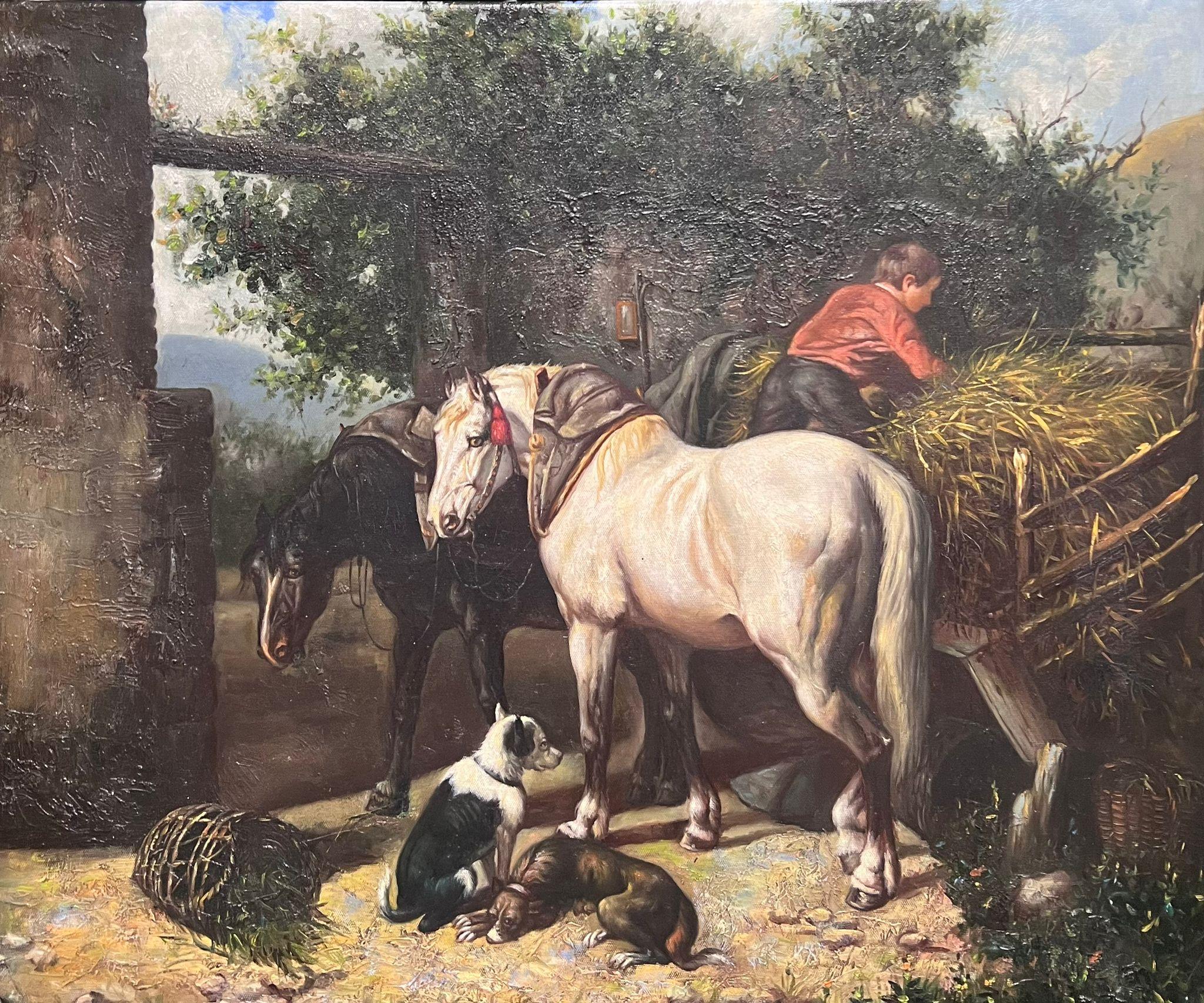 Animali da cortile Cavallo e cani con giovane ragazzo Grande dipinto a olio su tela