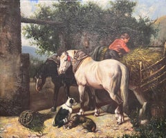 Animaux de la ferme Yard Cheval et chiens avec jeune garçon Grande peinture à l'huile sur toile