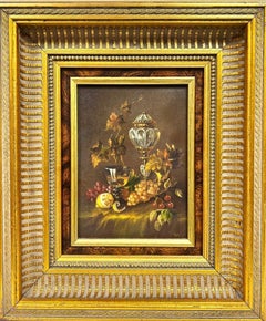 Fine Classical Still Life Study Of Fruit & Objects, oil on panel gilt frame