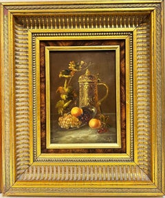 Fine Classical Still Life Study Of Fruit & Objects, oil on panel gilt frame