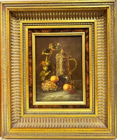 Klassische Stilllebenstudie von Obst und Objekten, Öl auf Tafel, vergoldeter Rahmen