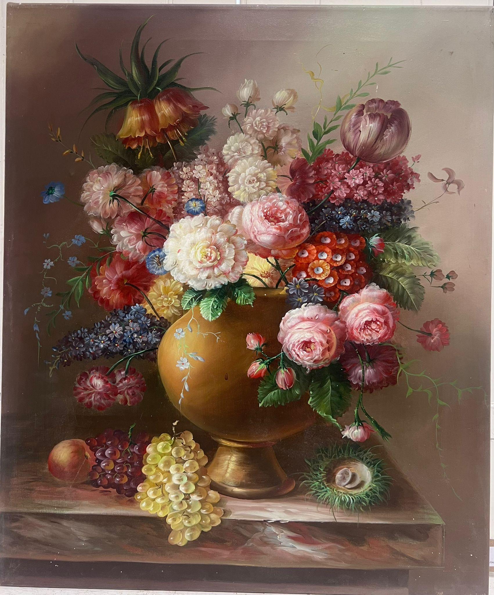 Natura morta floreale con uva e nido d'uccello Composizione classica di peonie - Painting di Continental School