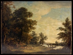 Huge Antique Golden Tonal Pastoral River Landscape Figures Sheep Oil Painting