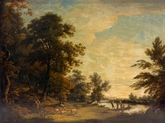 Huge Antique Golden Tonal Pastoral River Landscape Figures Sheep Oil Painting