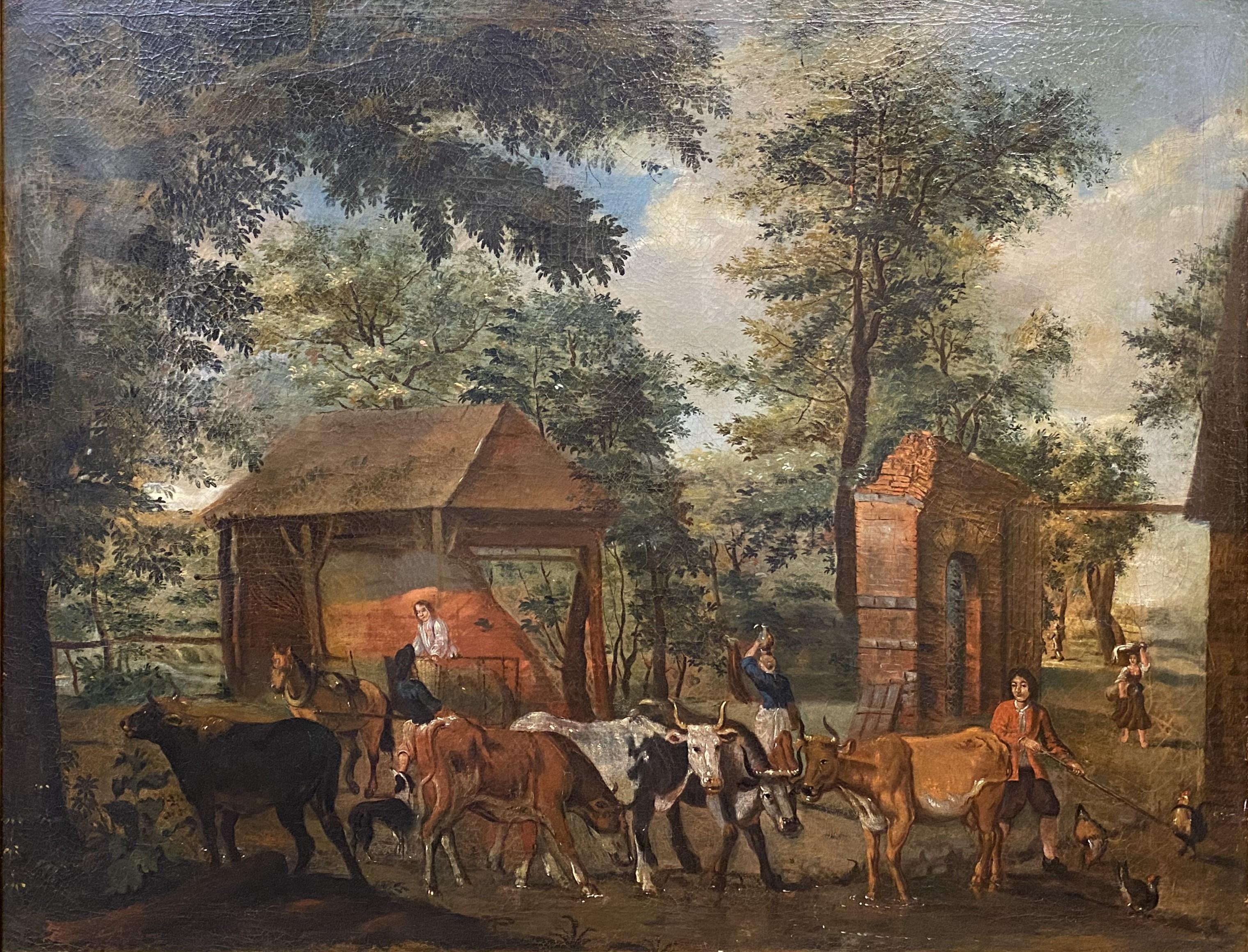 Landscape with Farm Animals & Figures - Painting by Continental School