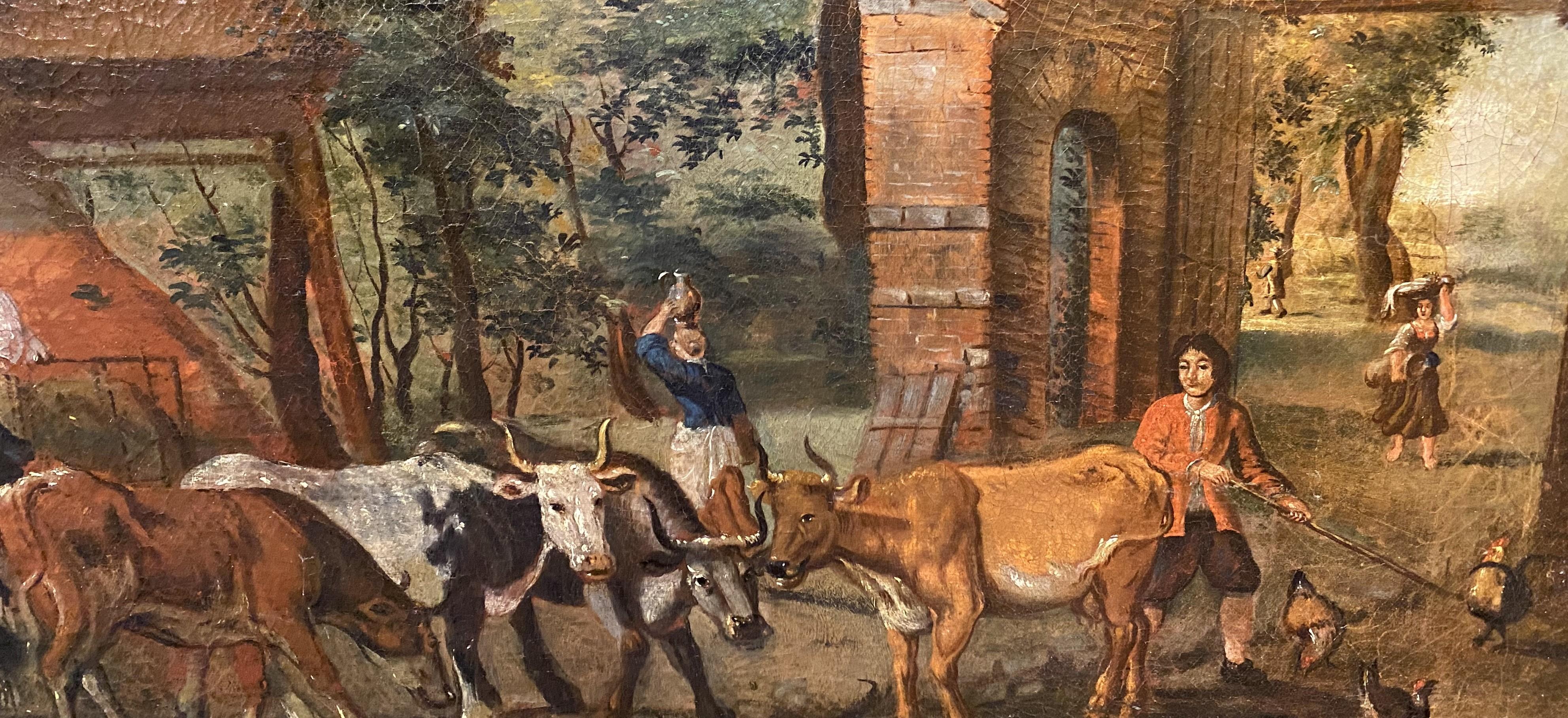 A fine 18th century Continental School landscape oil painting with animals including cows, horses, dogs, and chickens in a farm setting. Oil on canvas, laid down on board, unsigned, and housed in a molded giltwood frame with rust colored inset.