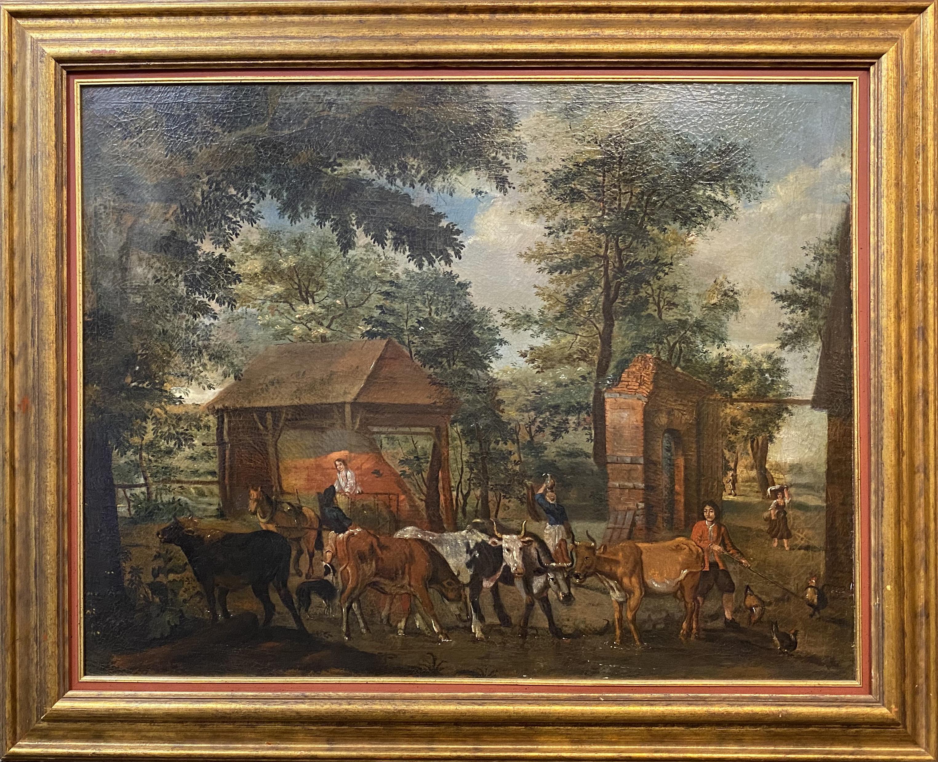 Continental School Animal Painting - Landscape with Farm Animals & Figures