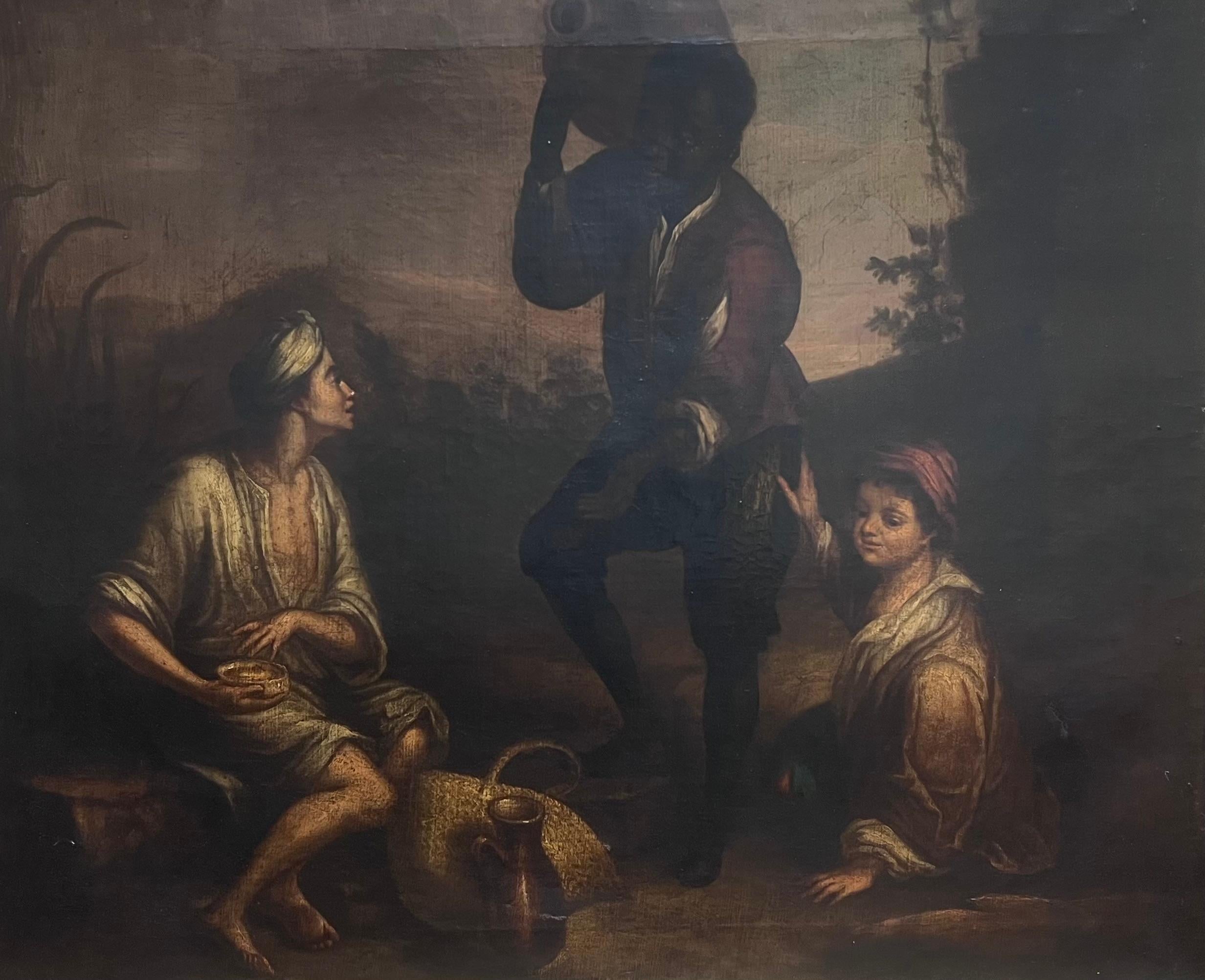Gran óleo europeo del siglo XVIII Tres figuras en un paisaje - Painting de (After) Bartolomé Esteban Murillo
