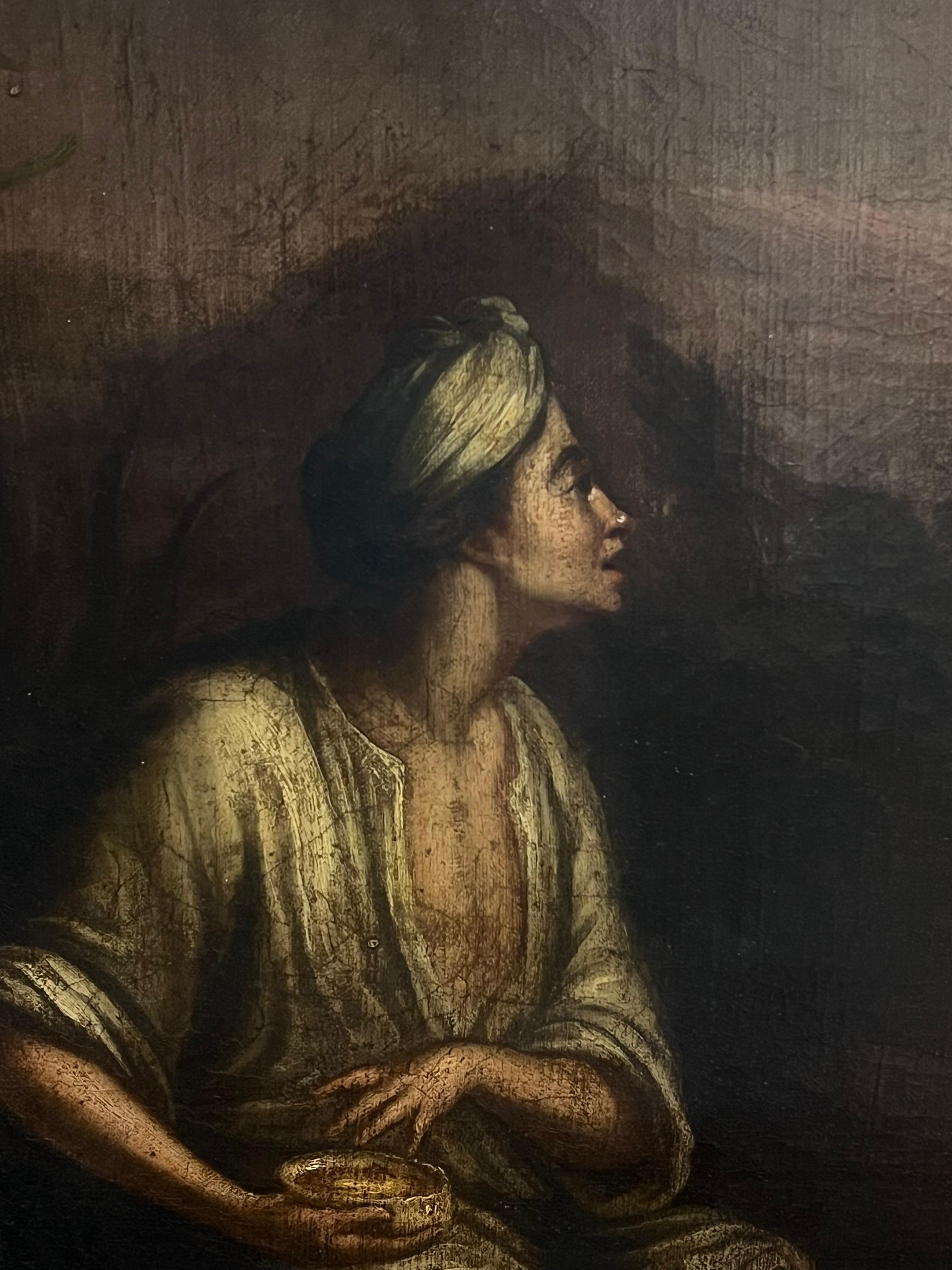 Gran óleo europeo del siglo XVIII Tres figuras en un paisaje - Portrait Painting Negro de (After) Bartolomé Esteban Murillo