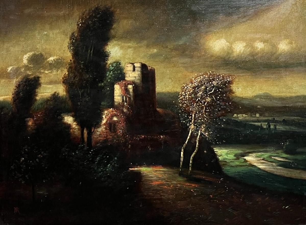Castle ruins in a windswept landscape
Late 19th Century German School
oil on panel, framed
framed: 31 x 38 inches
panel : 24 x 32 inches
the painting is in overall very good and sound condition- small frame loss on the bottom. We make no further