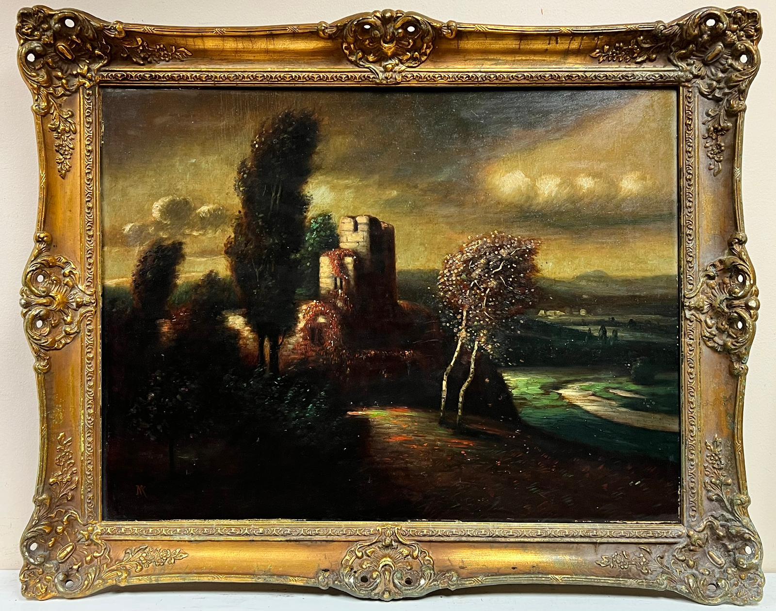 Large Antique German Oil Painting Castle Ruins Twilight Landscape Gilt framed For Sale 1