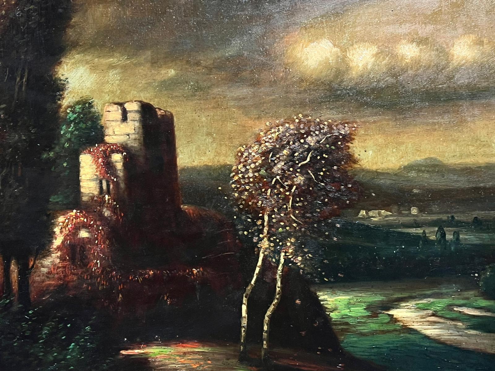 Large Antique German Oil Painting Castle Ruins Twilight Landscape Gilt framed For Sale 2