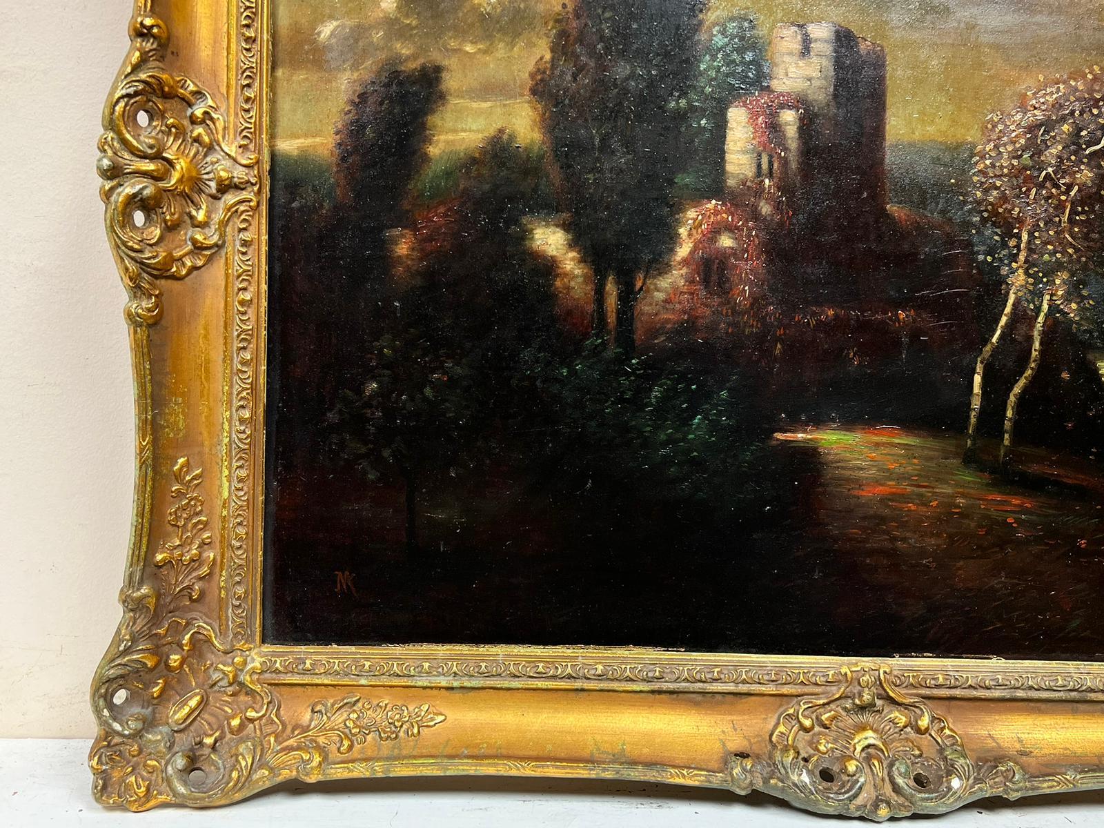 Large Antique German Oil Painting Castle Ruins Twilight Landscape Gilt framed For Sale 3