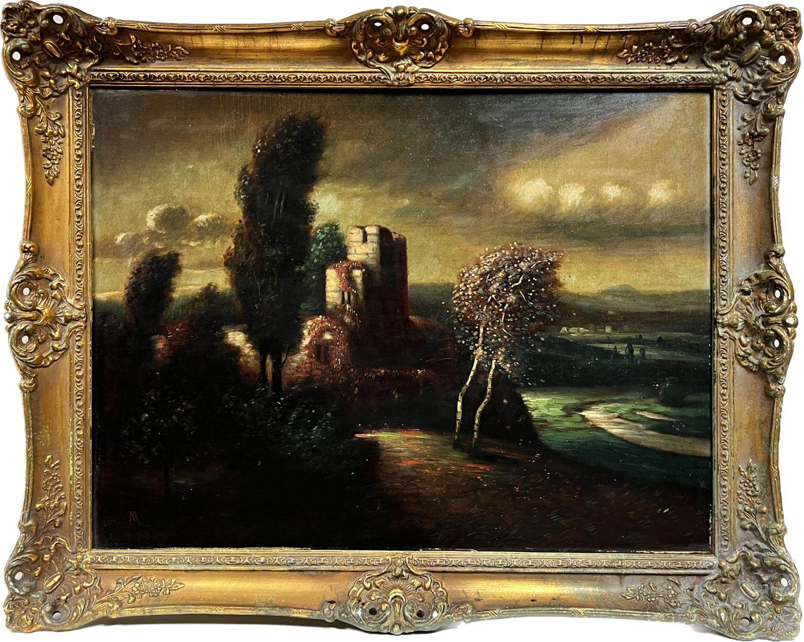 Continental School Landscape Painting - Large Antique German Oil Painting Castle Ruins Twilight Landscape Gilt framed
