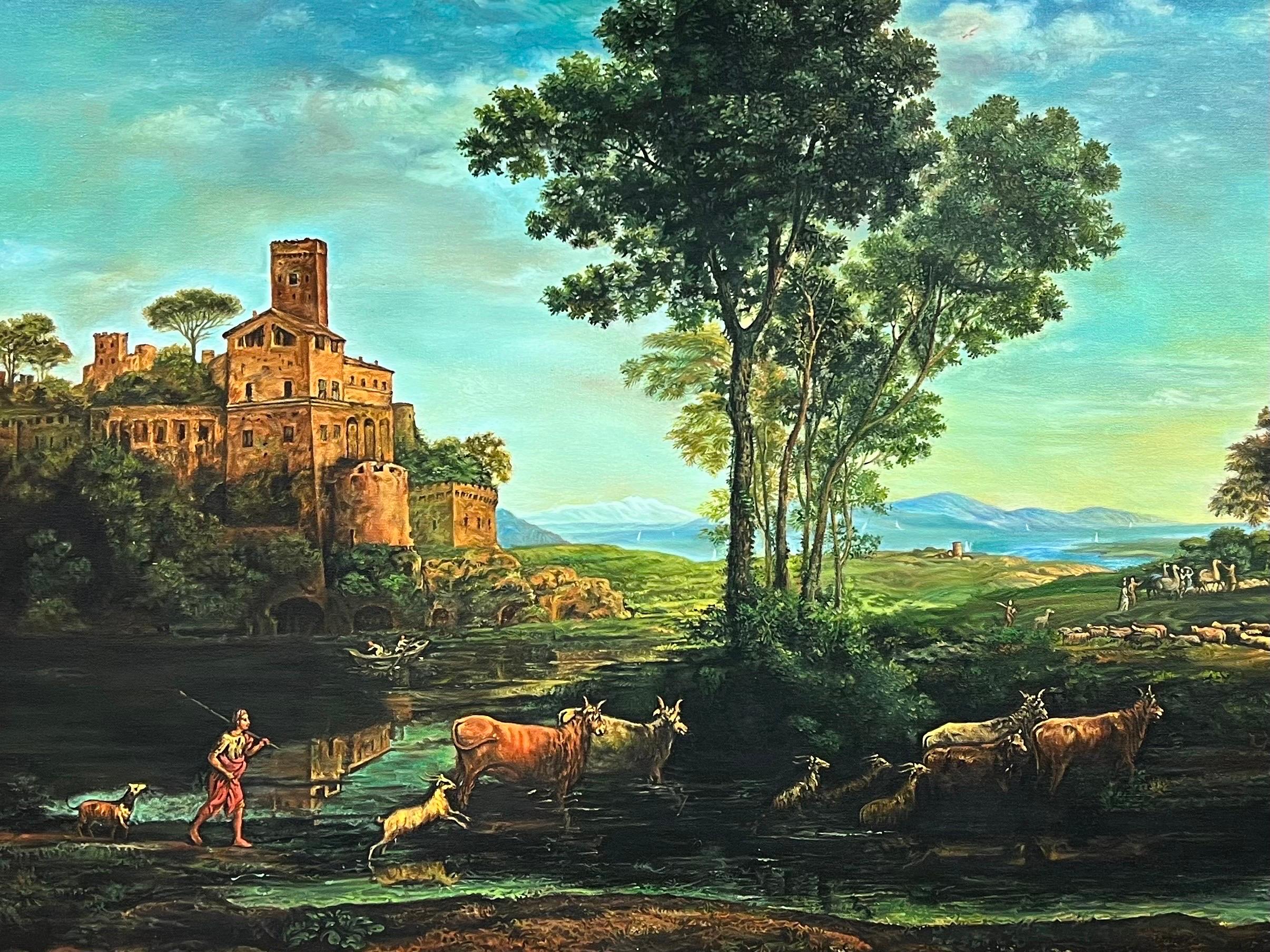Grande peinture à l'huile classique - Figures d'animaux dans un paysage arcade, encadrée - Painting de Continental School