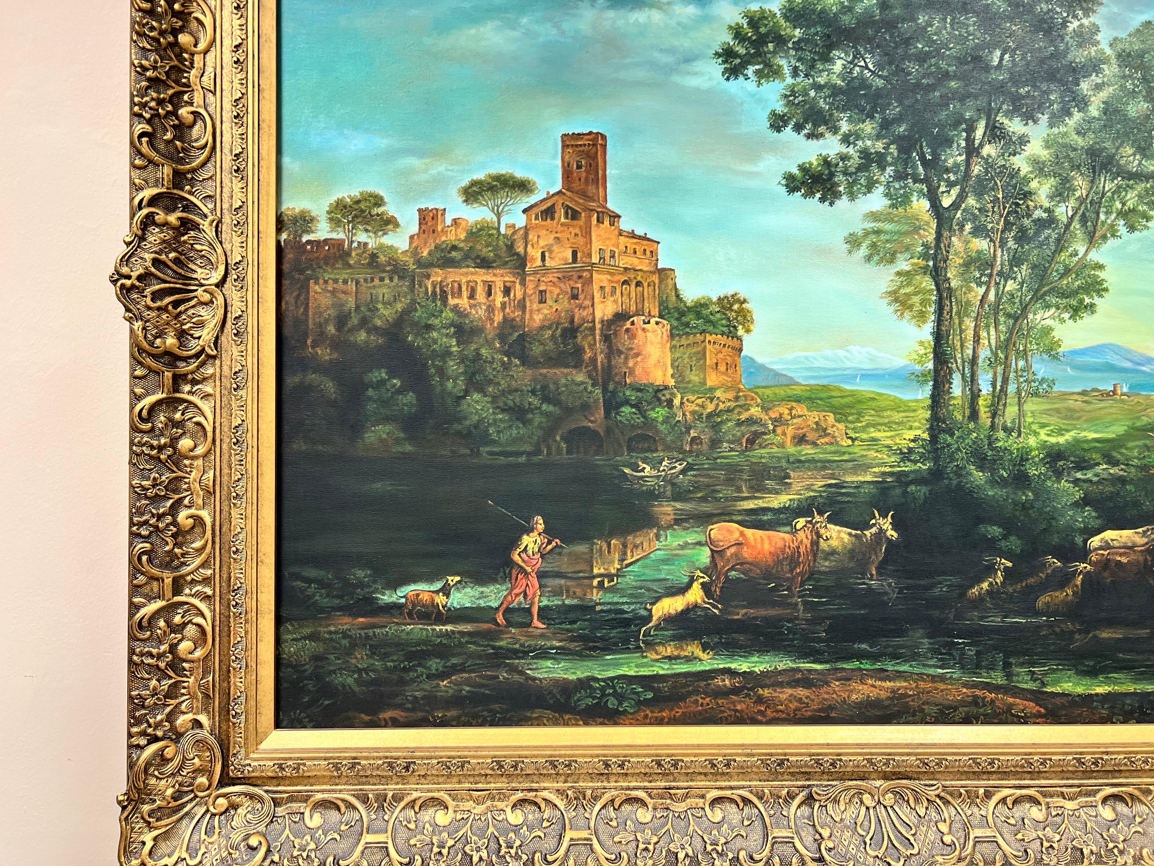 Grande peinture à l'huile classique - Figures d'animaux dans un paysage arcade, encadrée en vente 2