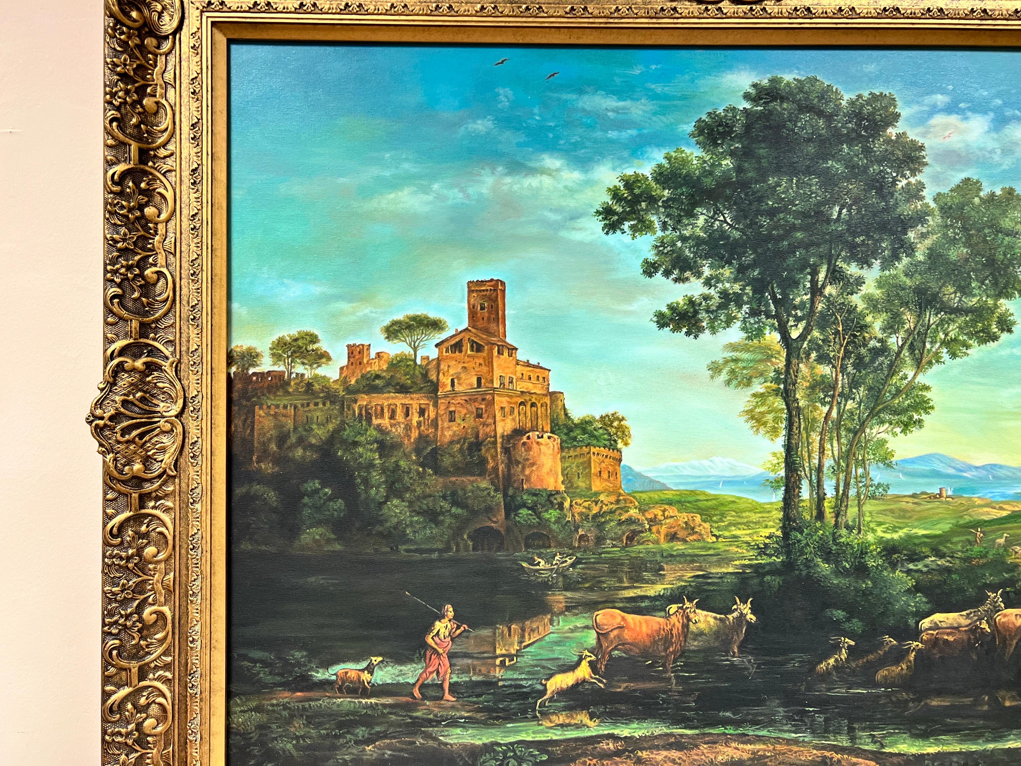 Large Classical Oil Painting Figures Animals in Arcadiane Landscape, framed For Sale 2
