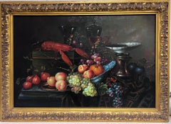 Large Classical Still Life Oil Painting Grapes Fruit Lobster & Platter framed