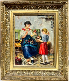 Vintage Mother & Daughter Playing with Flowers, Traditional Oil in Gilt Frame