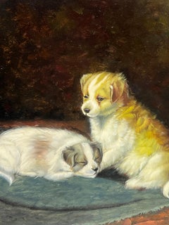 Ritratto di due cuccioli in una stanza interna, dipinto a olio firmato