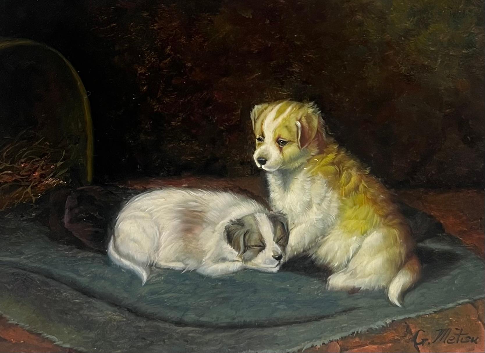Portrait de deux chiots dans une pièce intérieure Peinture à l'huile signée - Victorien Painting par Continental School