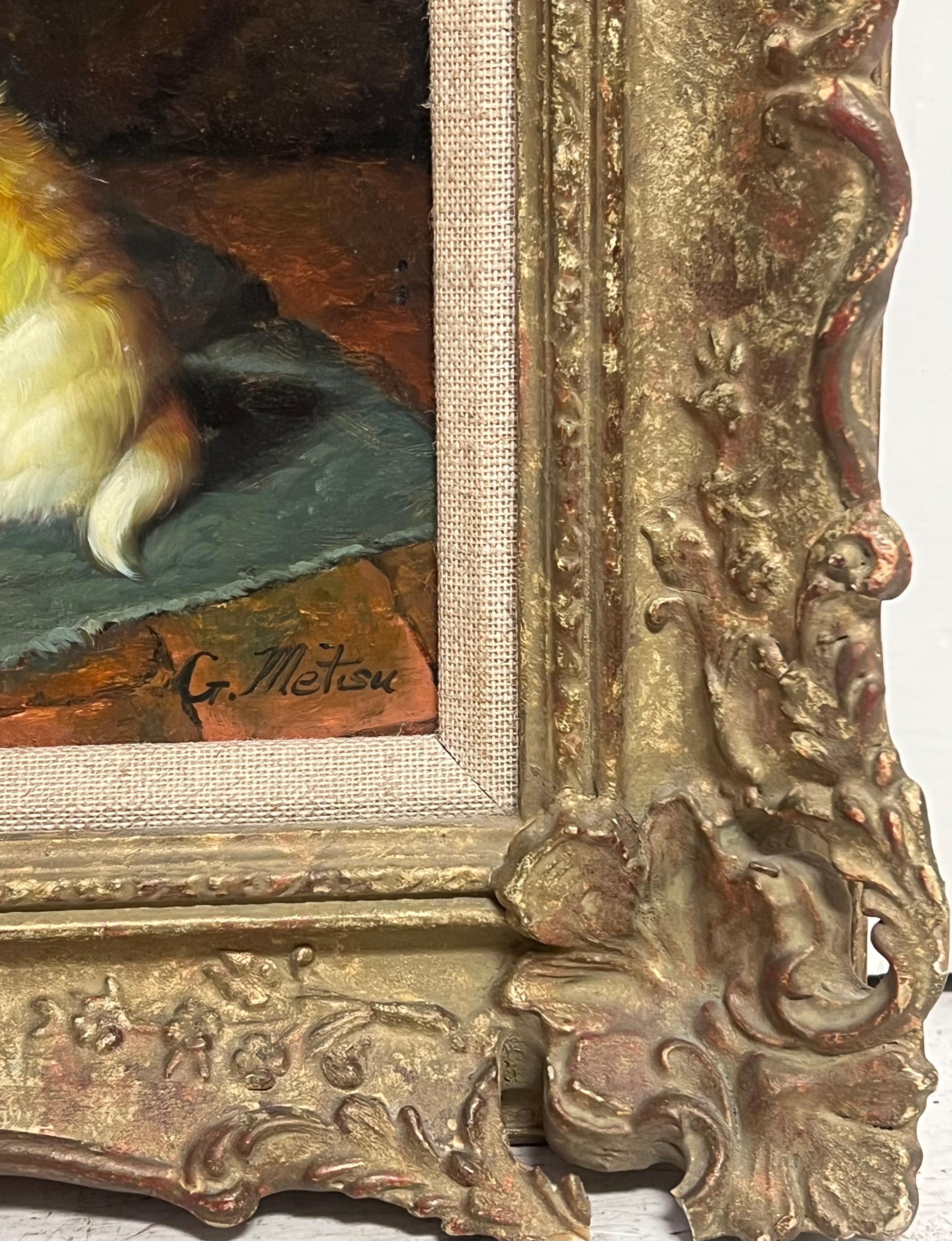 Portrait de deux chiots dans une pièce intérieure Peinture à l'huile signée - Noir Interior Painting par Continental School