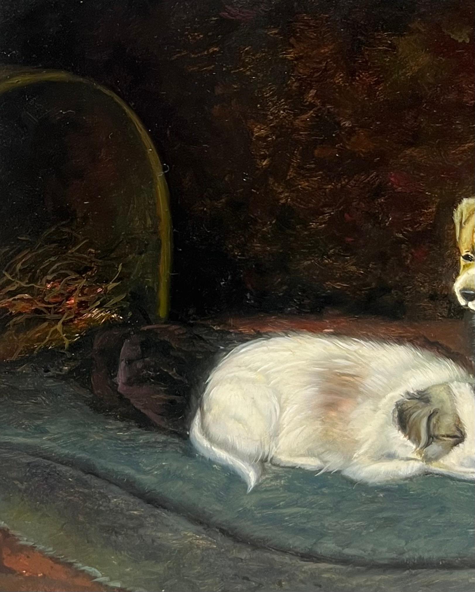 Portrait de deux chiots dans une pièce intérieure Peinture à l'huile signée en vente 1
