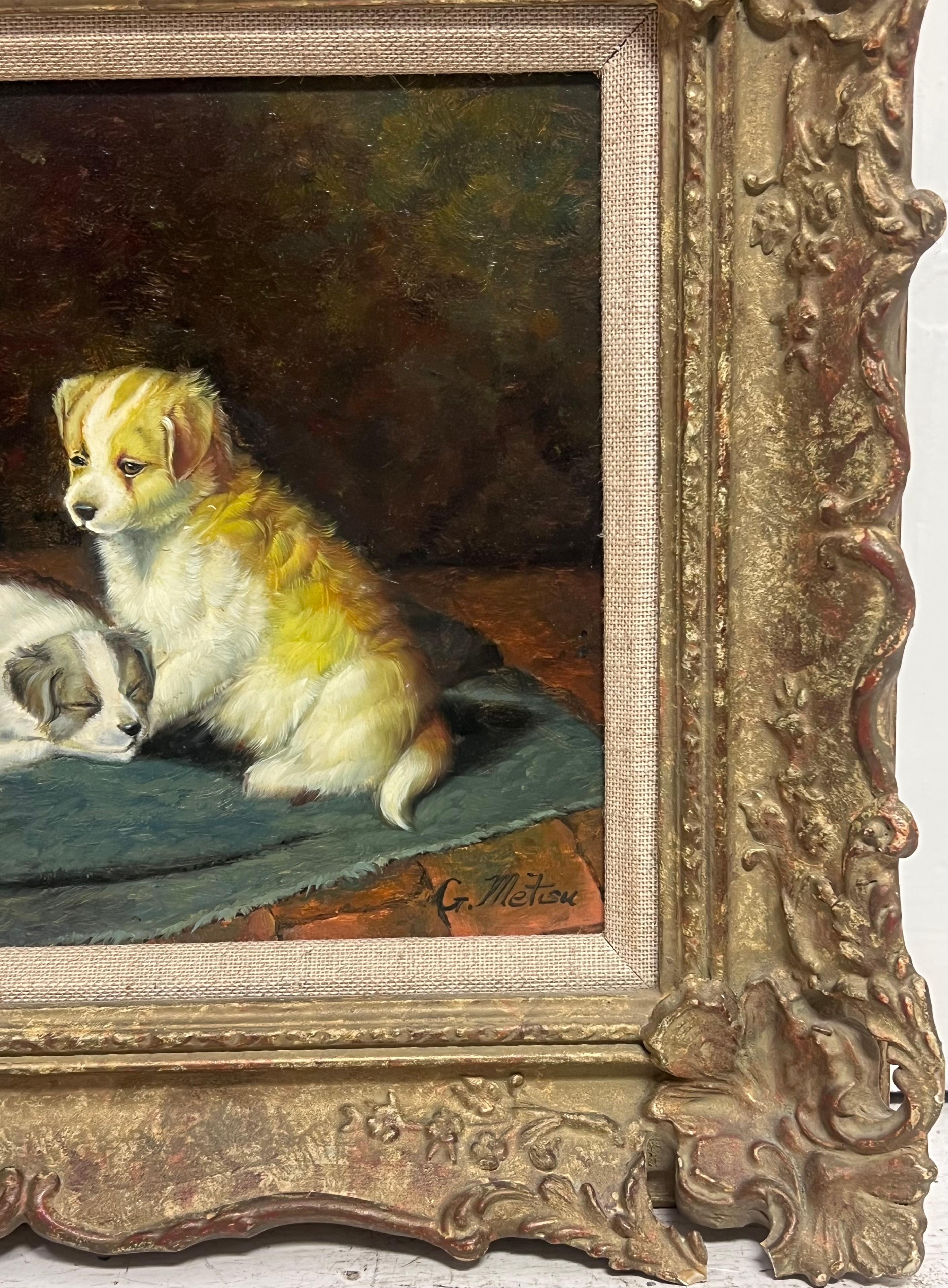 Portrait de deux chiots dans une pièce intérieure Peinture à l'huile signée en vente 2