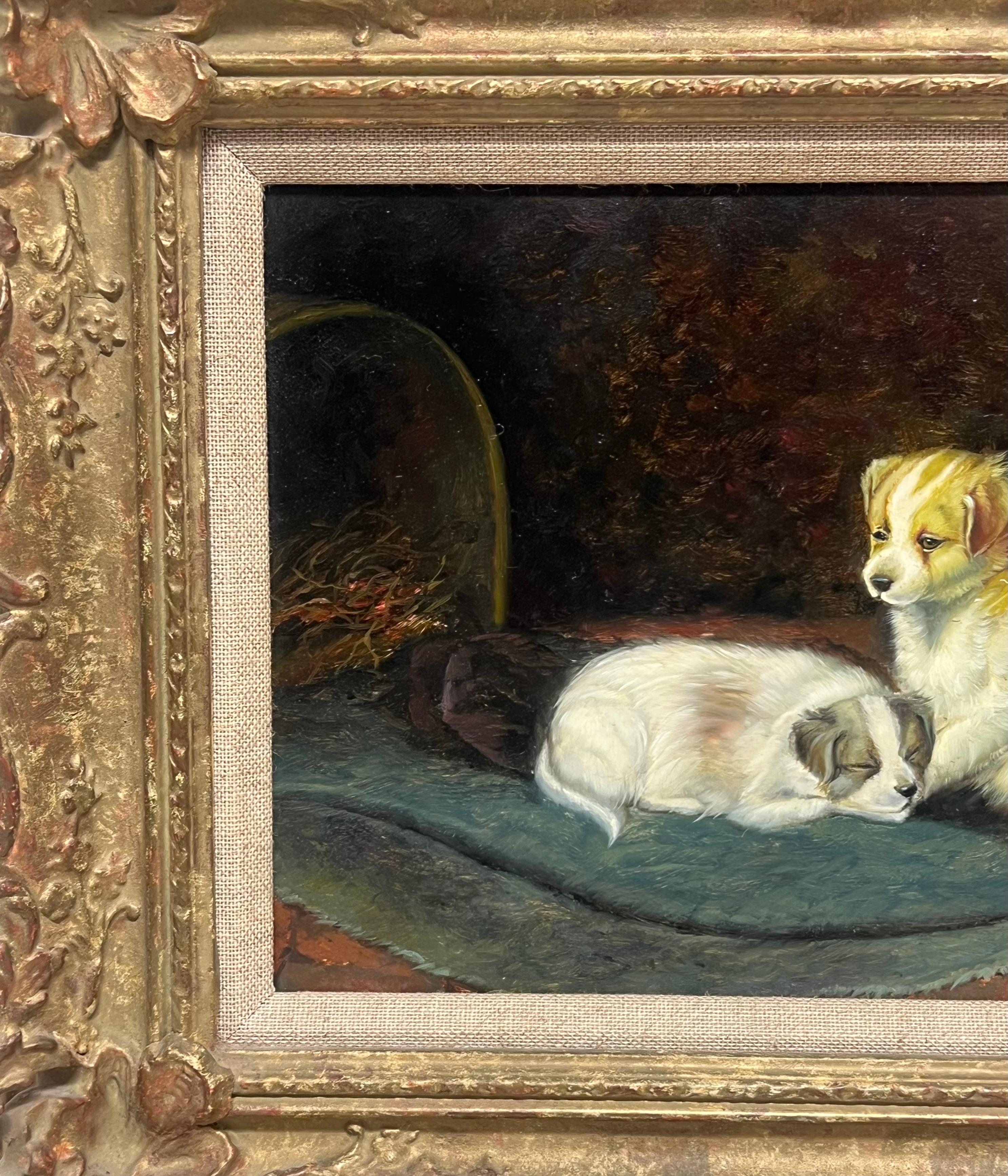 Portrait de deux chiots dans une pièce intérieure Peinture à l'huile signée en vente 3