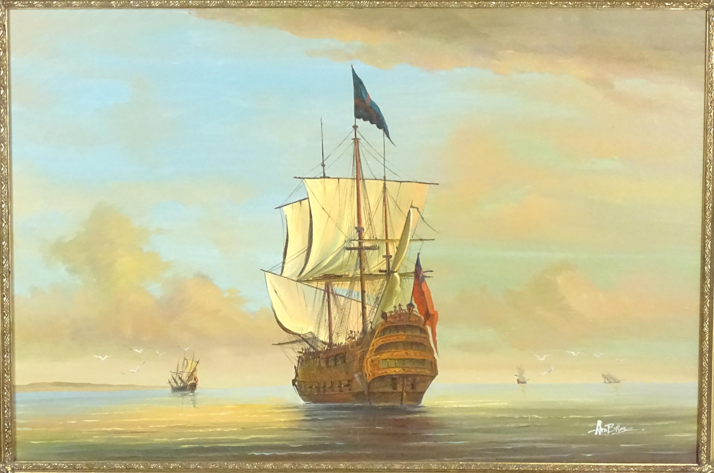 Quadro a olio molto grande delle guerre napoleoniche Nave ancorata nel mare all'alba - Painting di Continental School