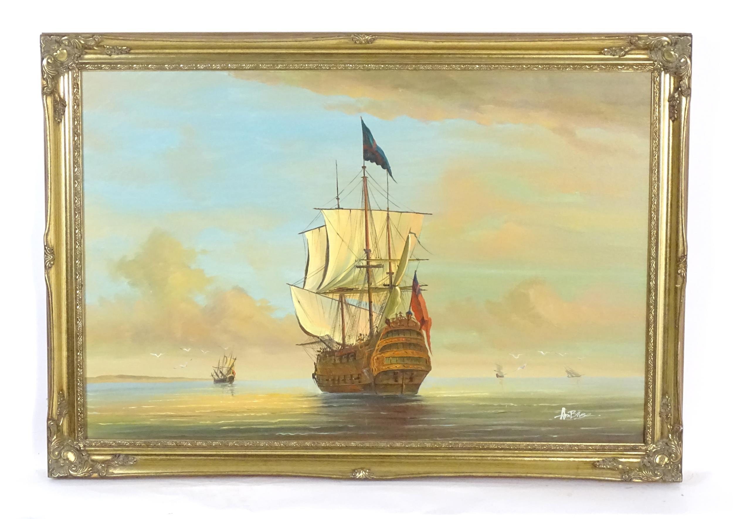Continental School Figurative Painting - Very Large Oil Painting Napoleonic Wars Ship Anchored in the Sunrise Sea