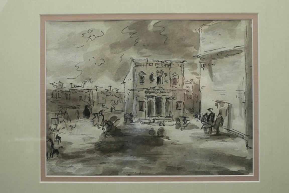 Original pen and ink wash drawing in gold frame of a scene in European plaza with people/
Drawing size: 6.75 x 9.
